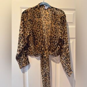 Rene Derhy Leopard Print Sheer Tie-Front Top